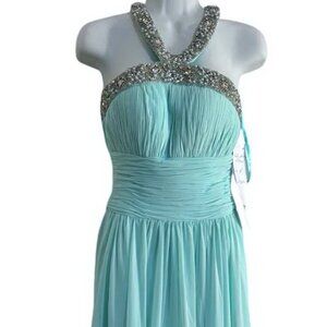Angela and Alison Baby Blue Beaded Halter Chiffon Gown Prom